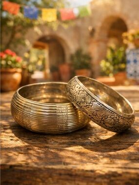 Indigenous/Mexican Set of Two Unmarked Silver Mixed-Metal Etched Bracelets